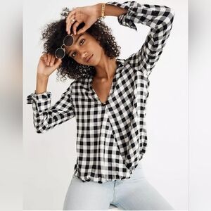 Madewell Top Womens Small Black White Buffalo Check Plaid Wrap Front Shirt